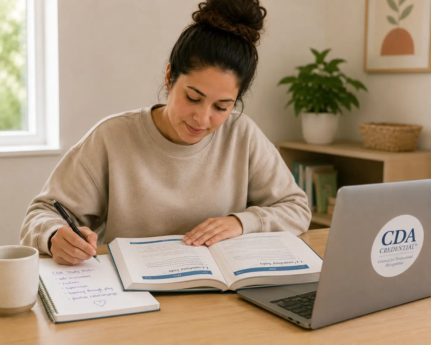 a woman sits at a desk studying a book and taking notes