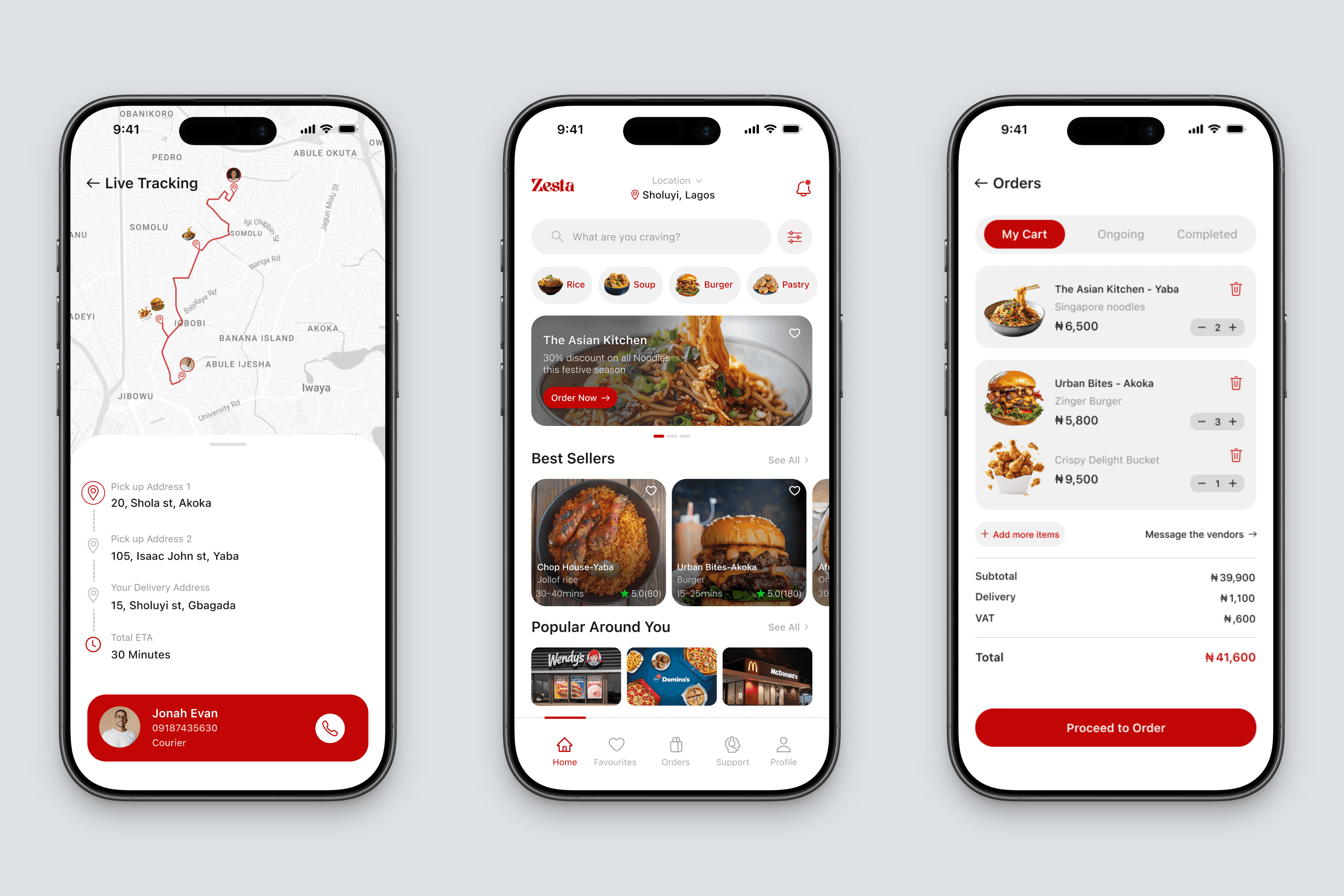 Home screen, Order screen, and Live tracking screen
