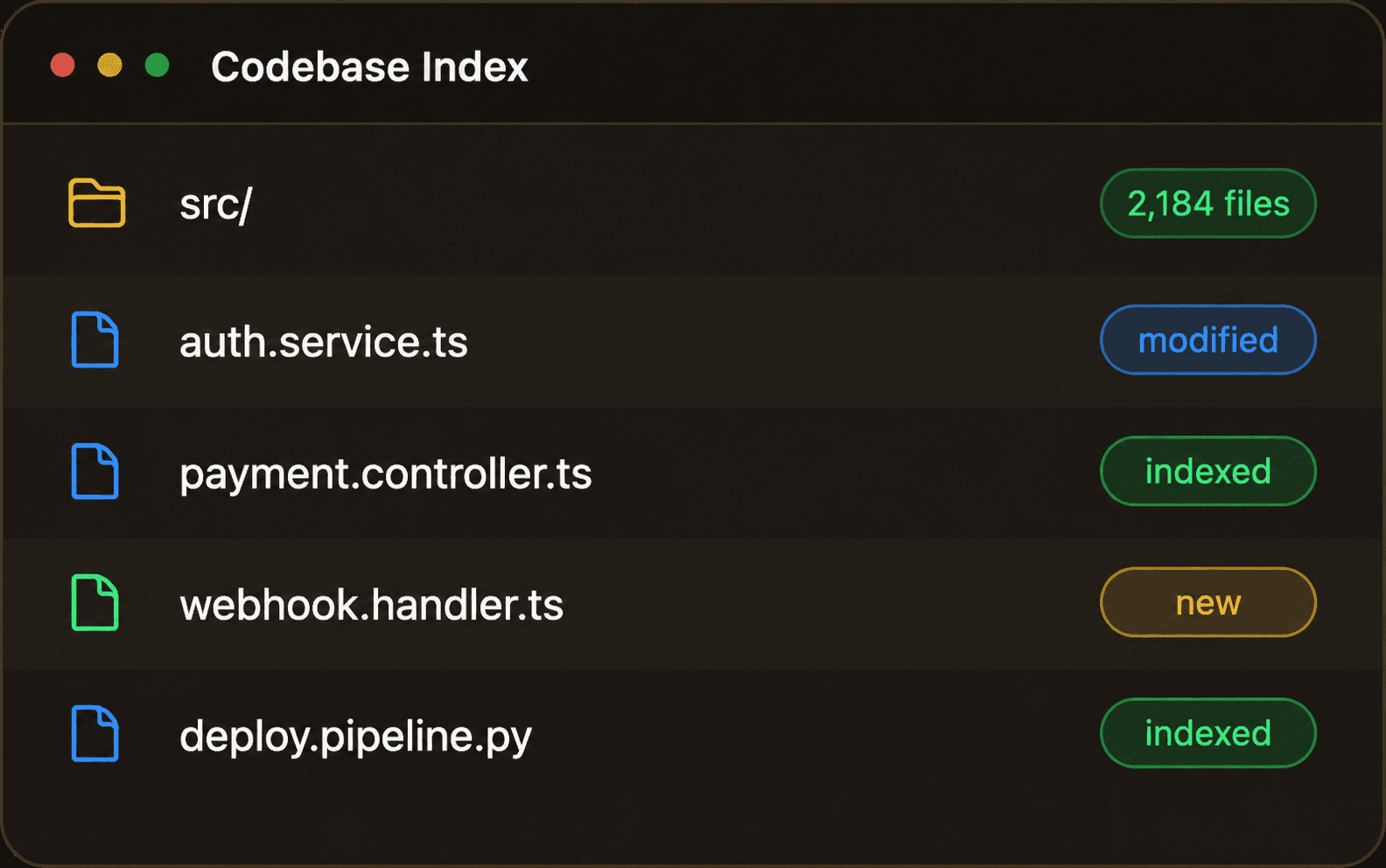 Codebase index sidebar