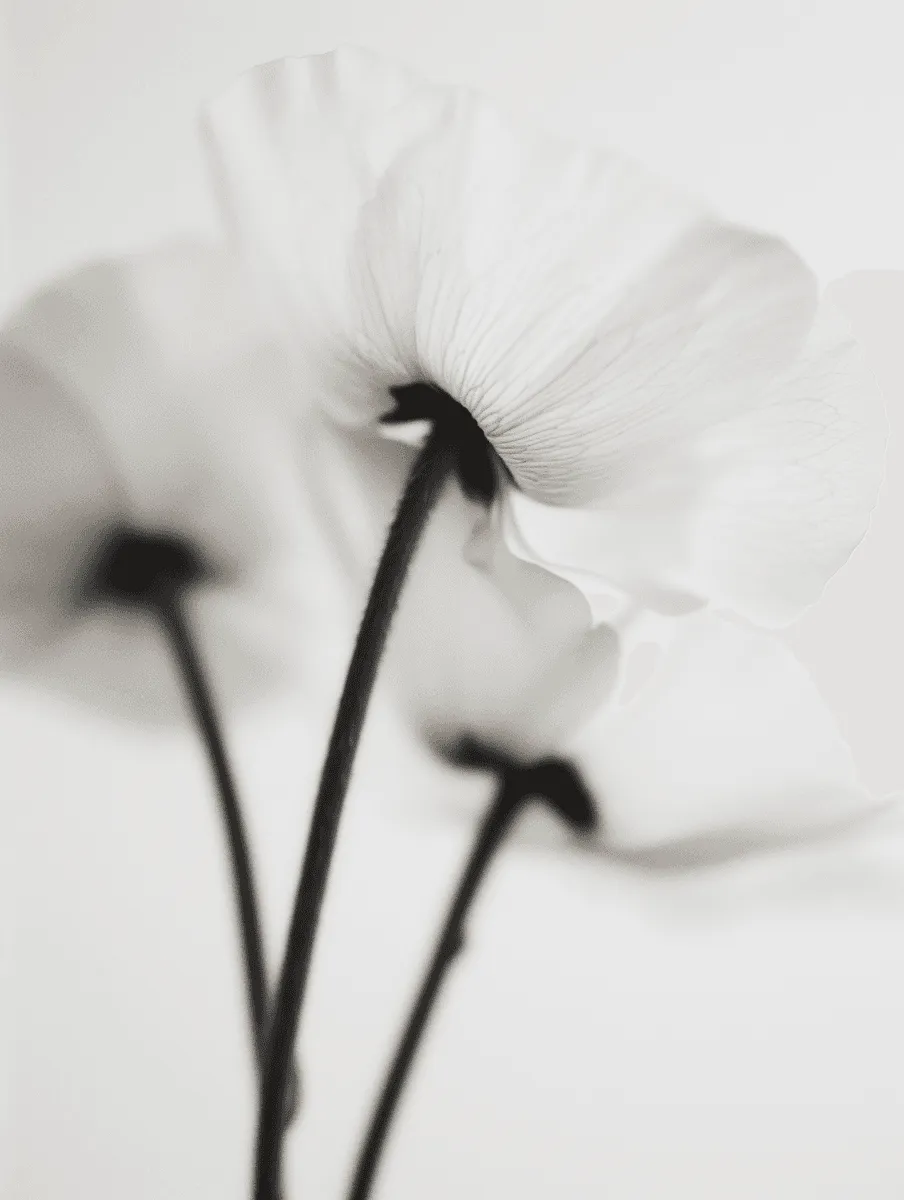 Minimalist monochrome floral art print capturing the delicate under-view of poppy petals in a dreamy aesthetic