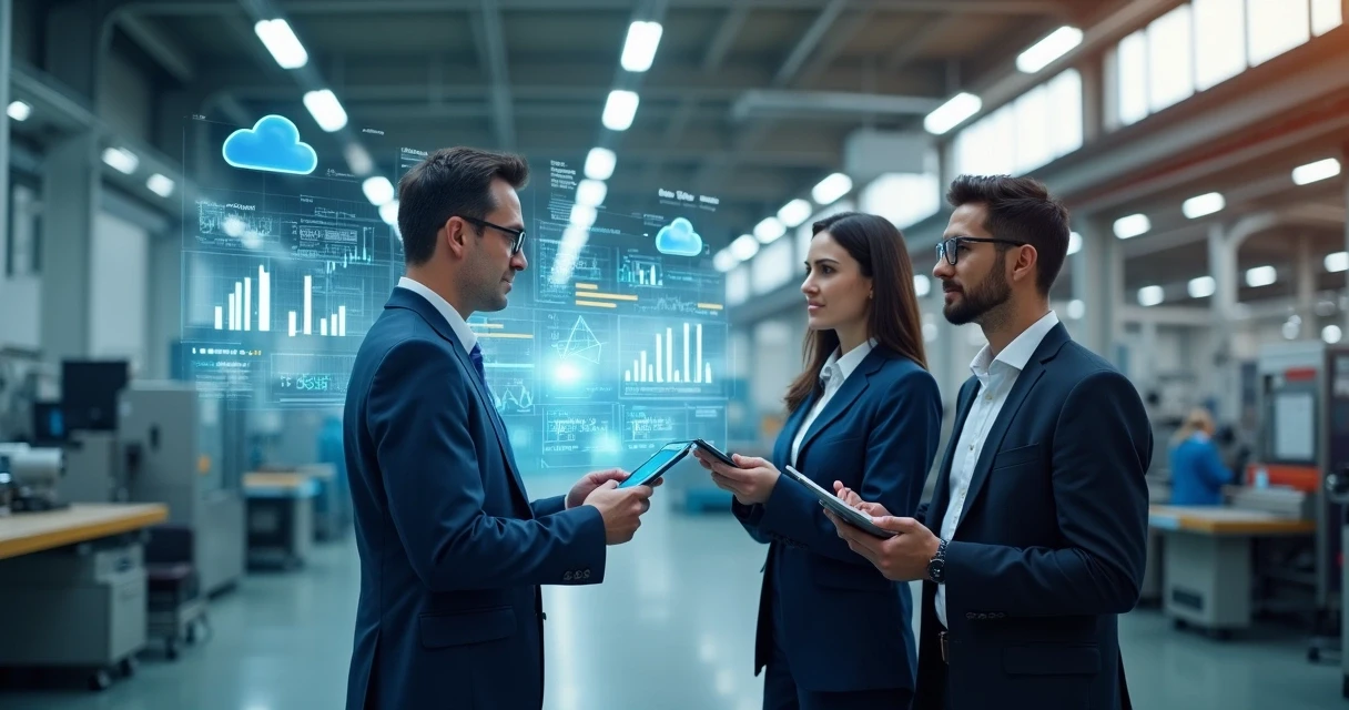 Transformação digital com executivos industriais usando tablets em meio à fábrica moderna 