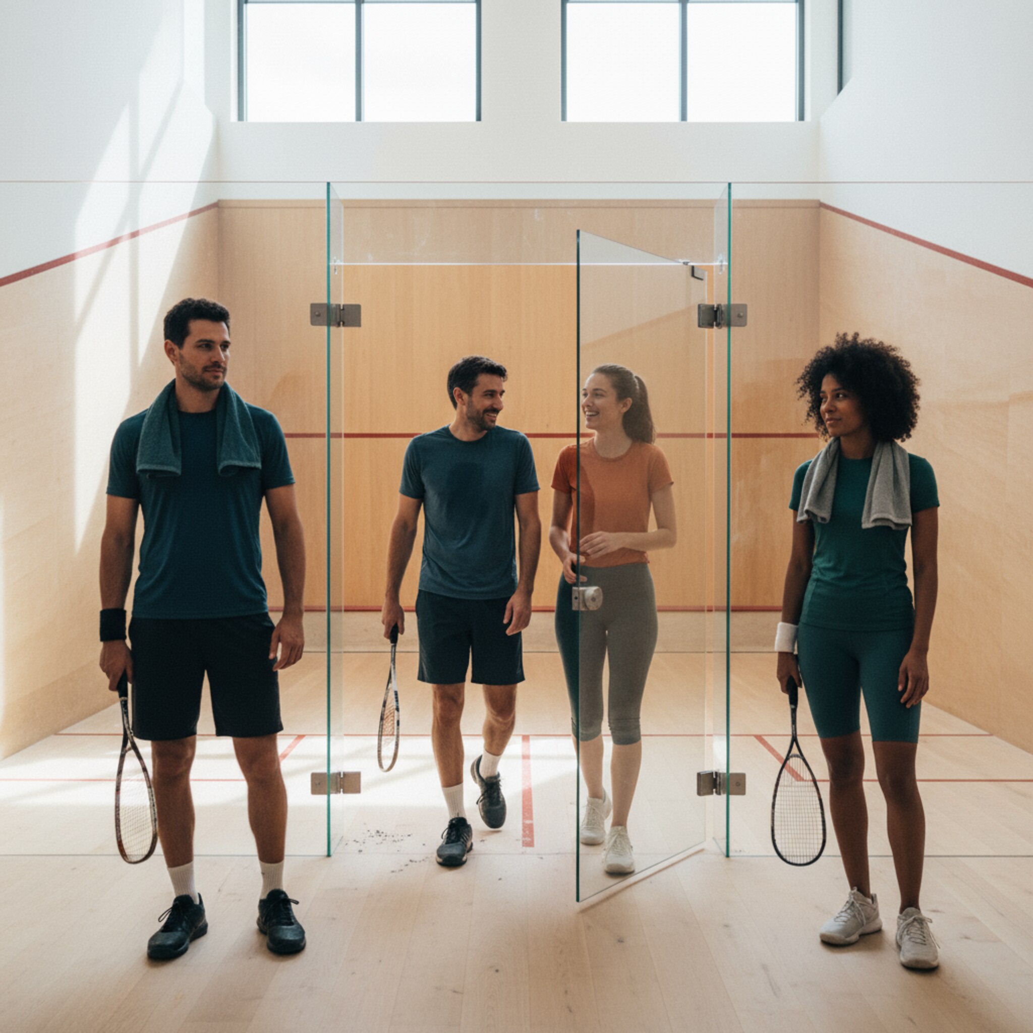 Ein Duo verlässt lachend den Court, die Tür schwingt sanft hinter ihnen zu. Zwei wartende Spieler stehen startklar, Handtücher um den Hals, Schläger locker in der Hand. Das Parkett reflektiert das klare Licht. Ein sanfter Hall des letzten Ballwechsels liegt noch in der Luft.