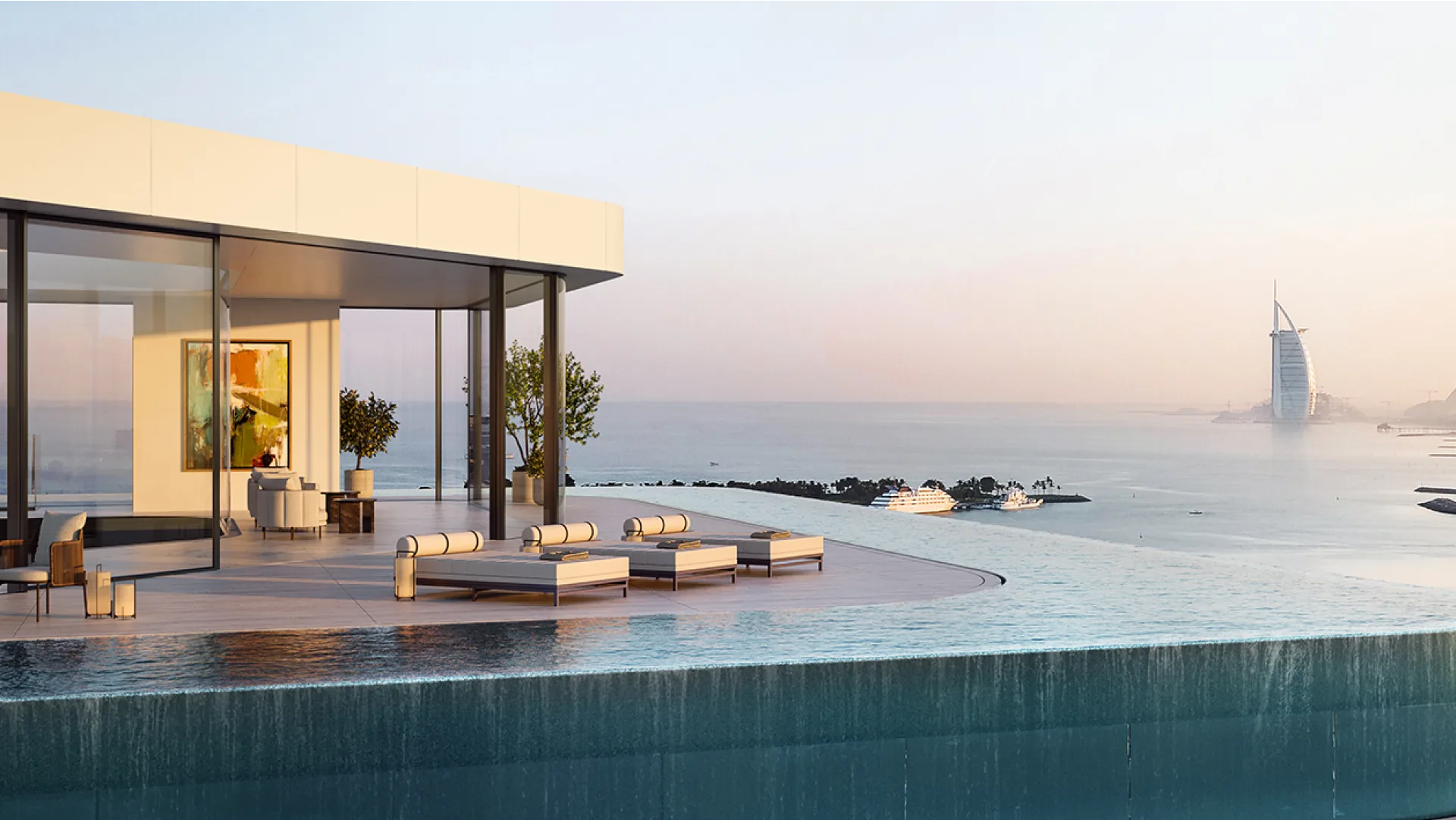  The beachfront villa's pool is nestled among lush trees, showcasing the serene environment of Omniyat Bespoke.