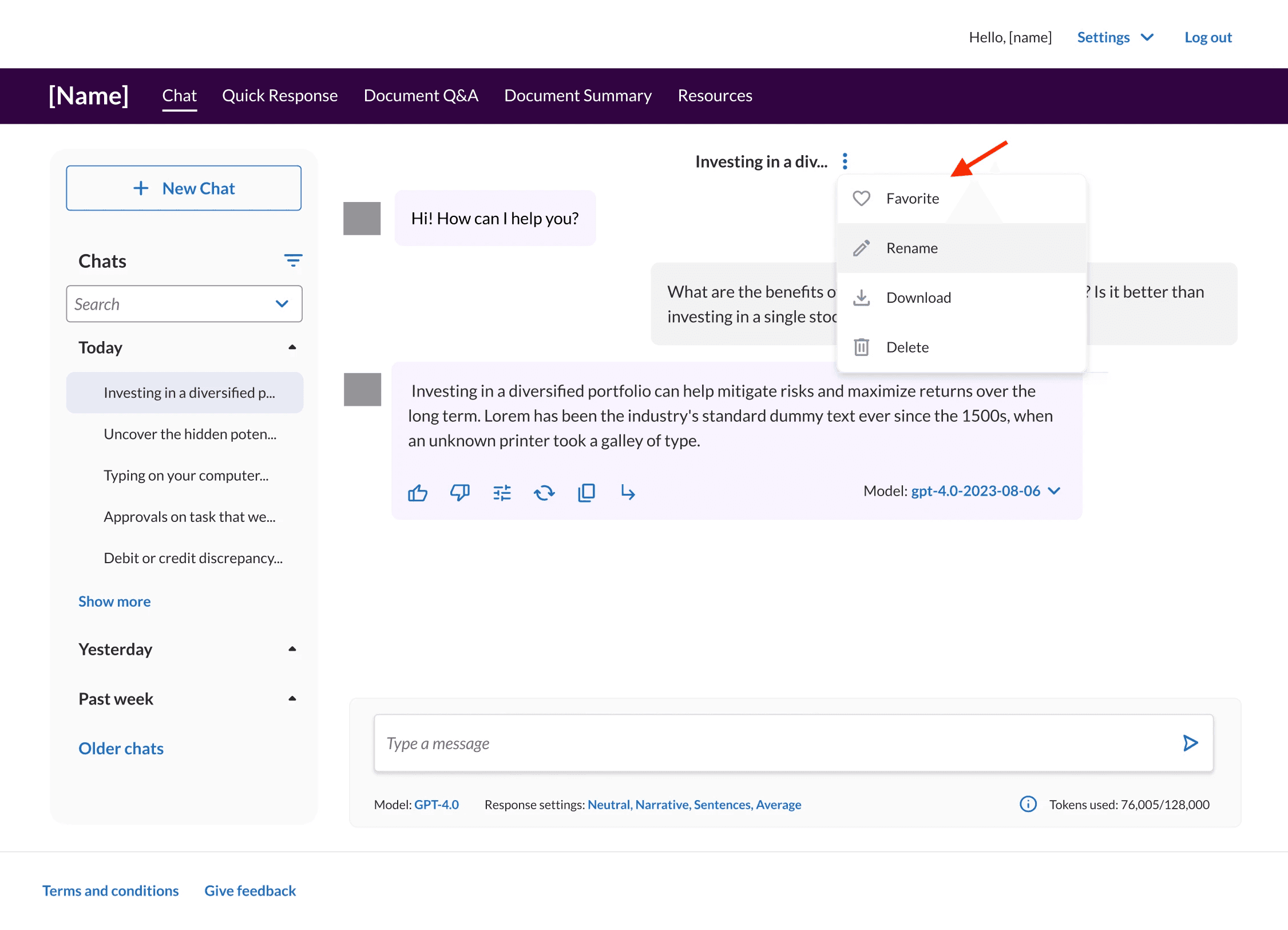 A red arrow points out a drop-down menu with actions for a chat conversation 