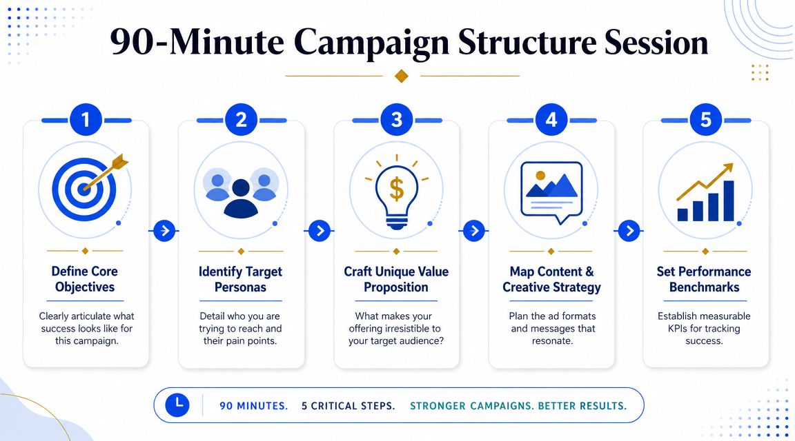 A 90-minute campaign structure session infographic outlining five critical steps for creating successful marketing strategies.