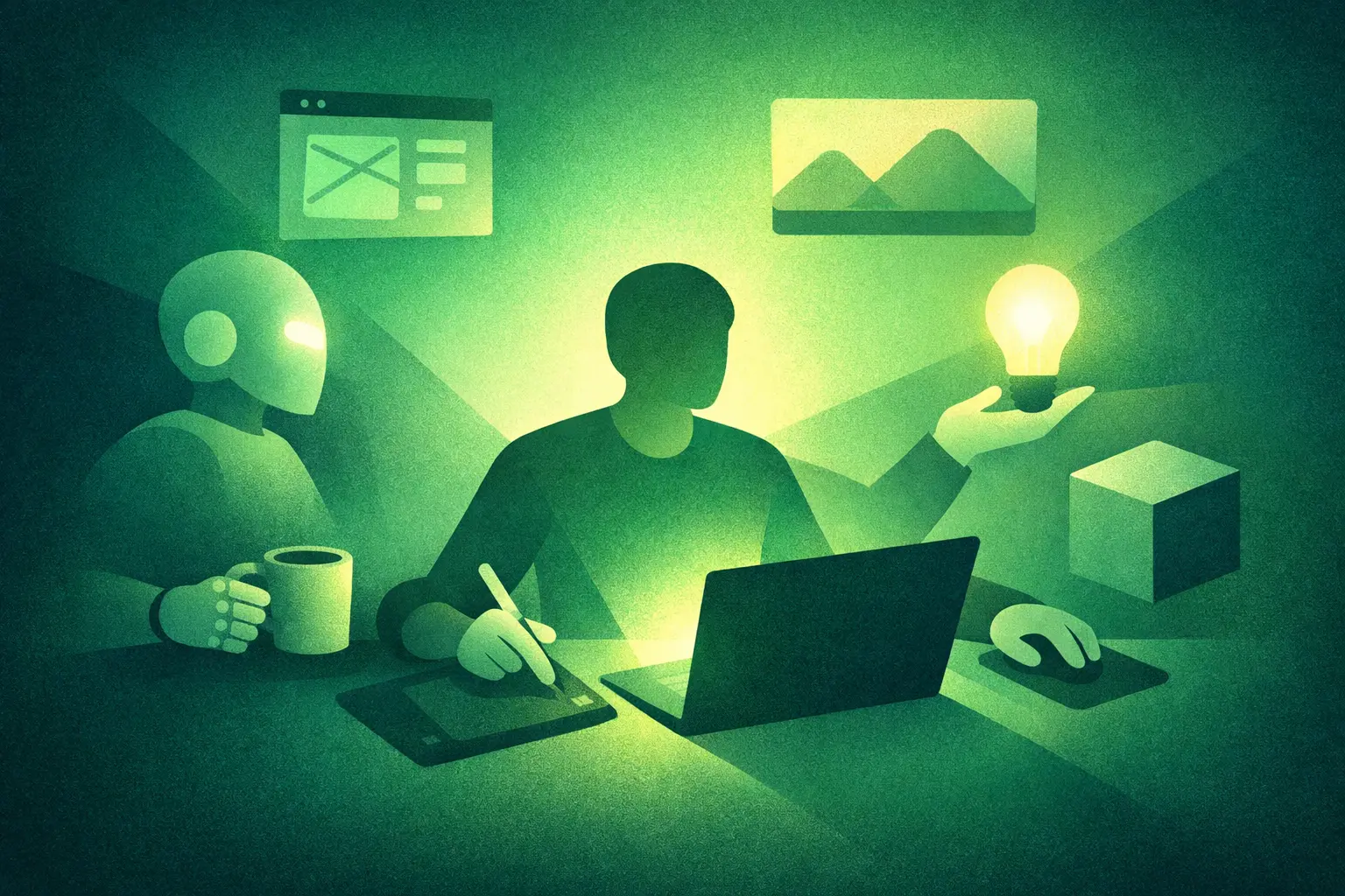 AI Native Designer – UX UI Product Designer multitask cùng AI trong không gian trừu tượng tông xanh, thể hiện sự chuyển đổi quy trình thiết kế truyền thống sang workflow AI-native. Artwork gắn với góc nhìn thiết kế của Nguyen Tan Toan về kỷ nguyên thiết kế mới.