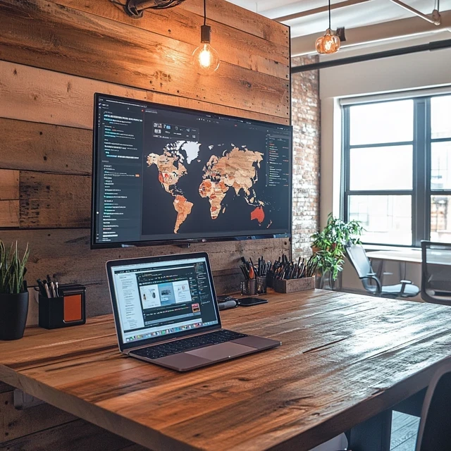 Bureau en bois avec ordinateur et grand écran affichant des cartes de localisation, optimisant la gestion de projet mobile.