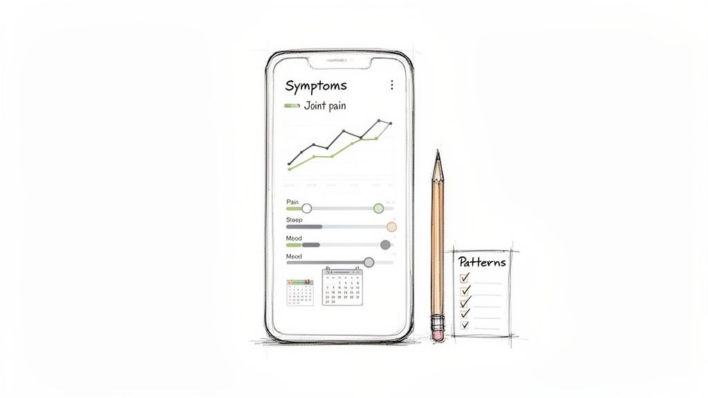 A hand-drawn sketch showing a smartphone app tracking joint pain, sleep, and mood, with a pencil and 