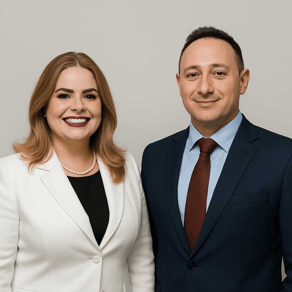 Marcos e Elisabete, dois sócios fundadores um de costas para o outro olhando de forma decidida para a câmera