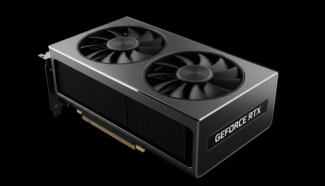 DSLR product photography of an NVIDIA GeForce RTX 4090 Founder's Edition graphics card, three-quarters view from a high angle. Soft studio lighting with cinematic contrast on a pure black background. The focus is tack sharp across the entire object, highlighting the detailed textures of the dark gunmetal metal casing, the recessed matte black fan, the silver metallic frame, and the vertical heat sink fins.