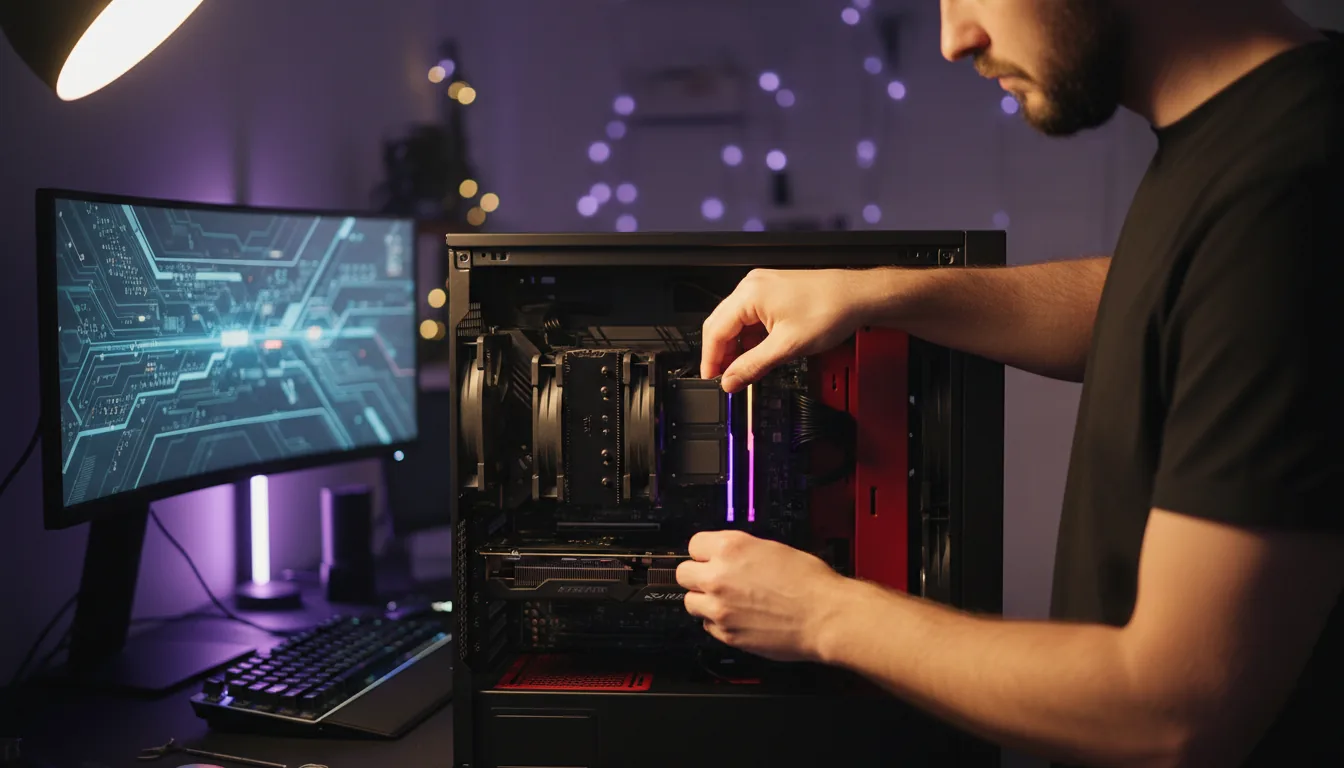 DSLR photograph of a man building a high-performance PC, his hands carefully inserting an M.2 NVMe SSD into the motherboard. The open-sided PC case is matte black with a red interior accent, showcasing the intricate components within. Soft studio lighting creates a cinematic contrast, with warm light on the subject and cool purple ambient light in the background. The focus is sharp on the computer hardware, creating a shallow depth of field with a beautifully blurred bokeh background featuring a desk and monitor.