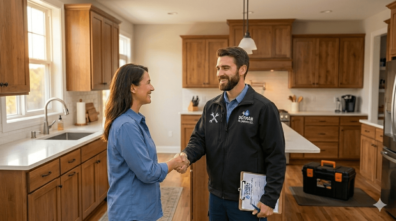 A smiling local contractor holding a clipboard while consulting with a female homeowner inside her kitchen.