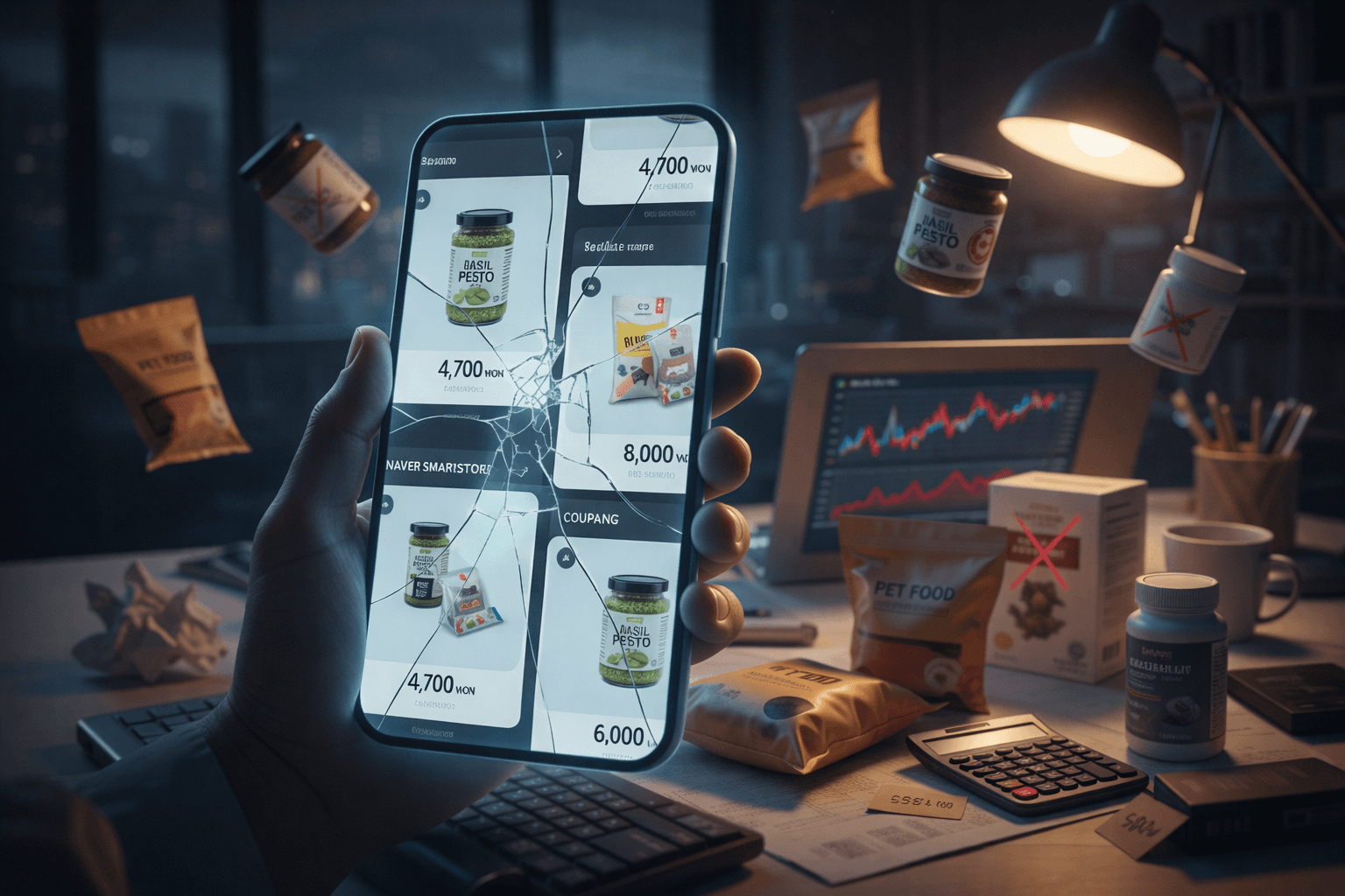 Cracked smartphone showing lower prices on Naver vs Coupang amid market tension