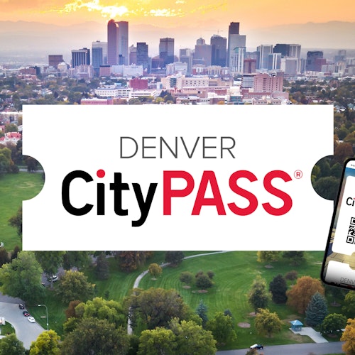 A view of Denver's skyline at sunset with "Denver CityPASS" text overlay and a smartphone displaying a CityPASS code in the foreground.
