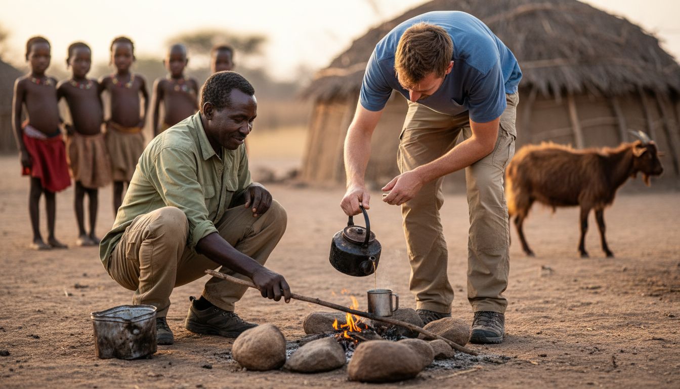 Guide and traveler sharing tea in Namibian village
