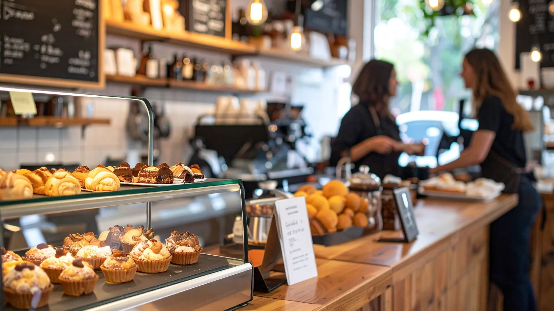 A bakery counter displaying an assortment of pastries alongside steaming cups of coffee.