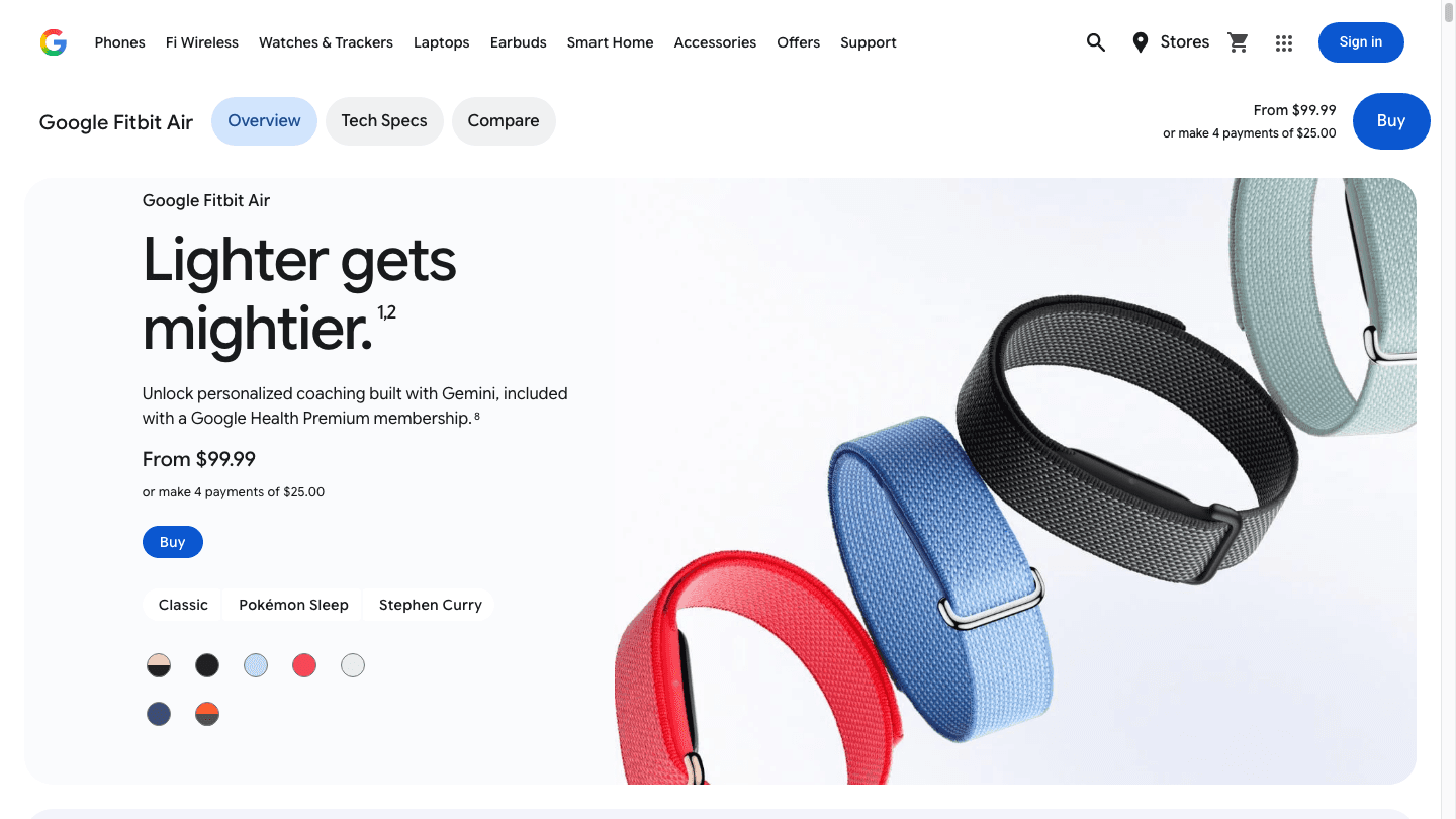 Google Fitbit Air fitness tracker on Google Store
