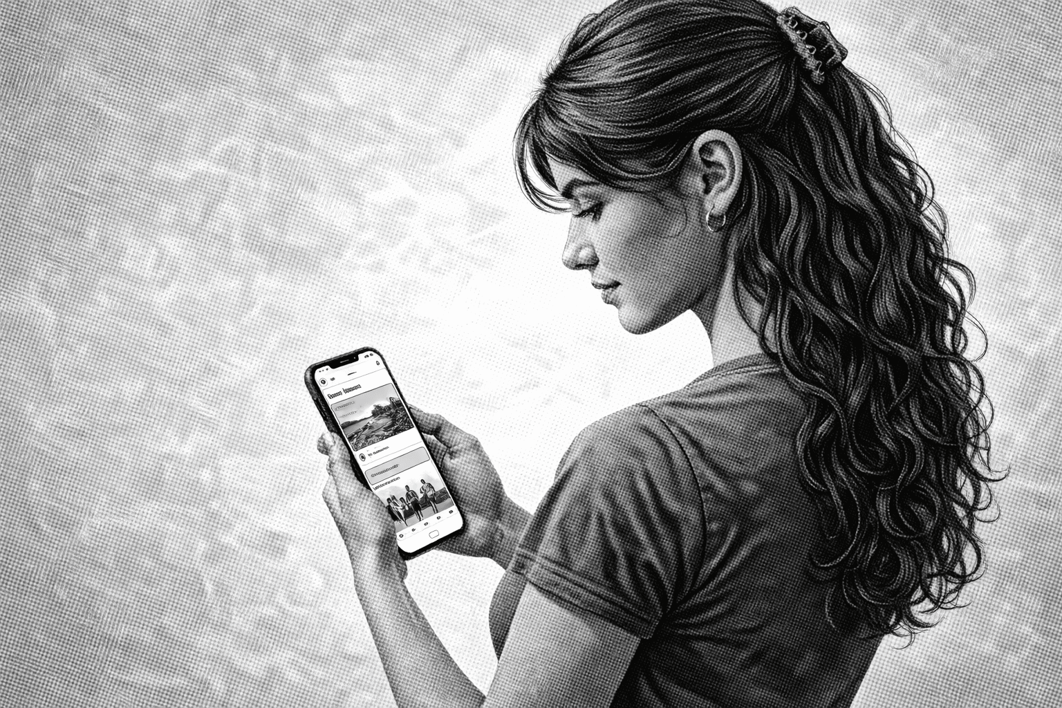 a woman looking at her phone screen. black and white image.