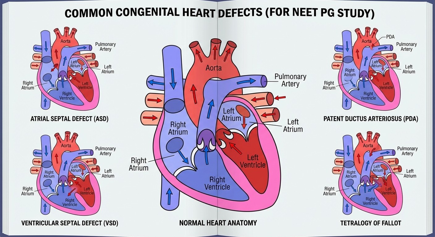 Common congenital heart defects - VSD, ASD, PDA, and Tetralogy of Fallot diagrams for NEET PG