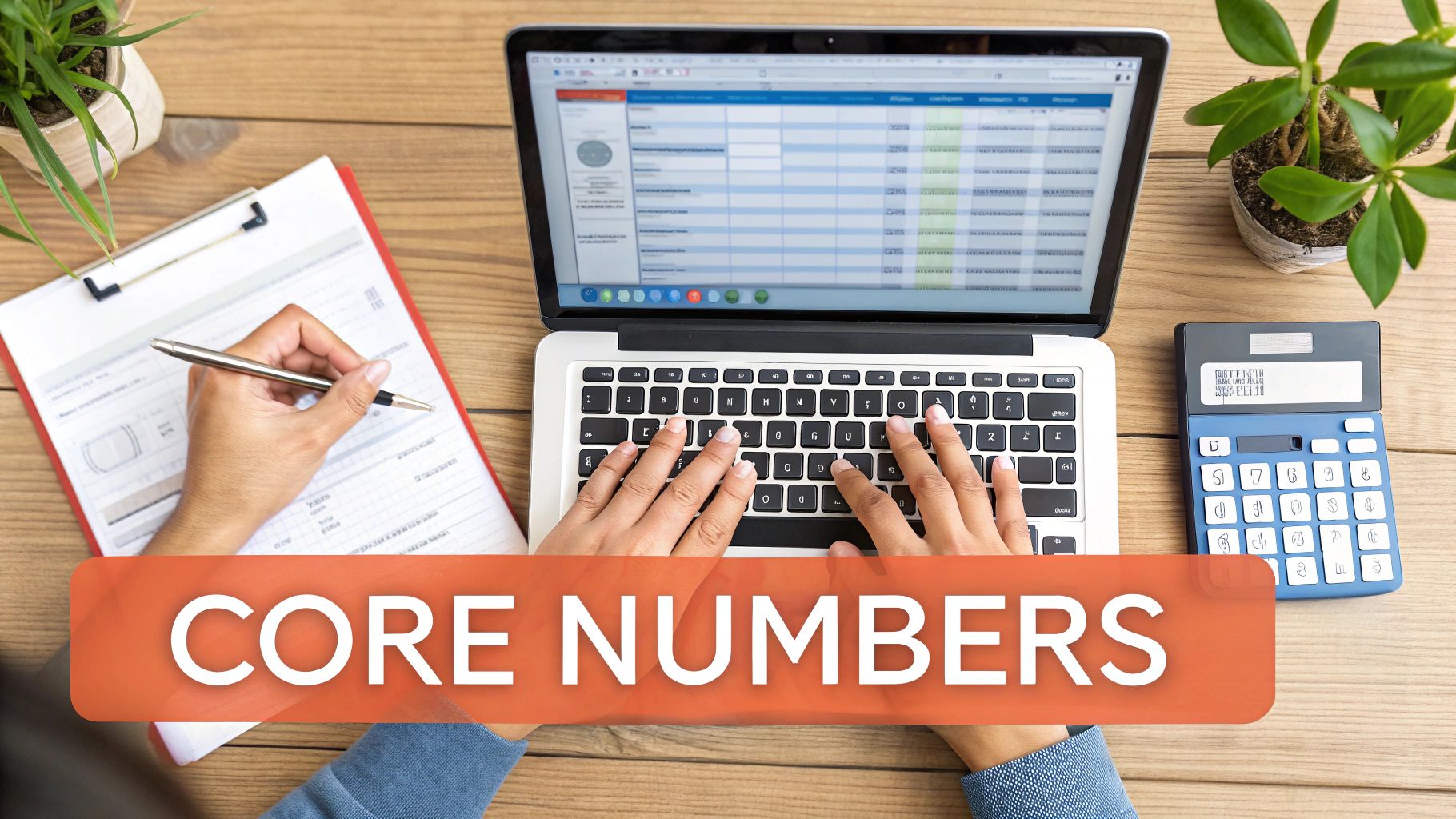 Hands working on a laptop and clipboard, with a calculator and plants on a wooden desk, displaying 'CORE NUMBERS' text.