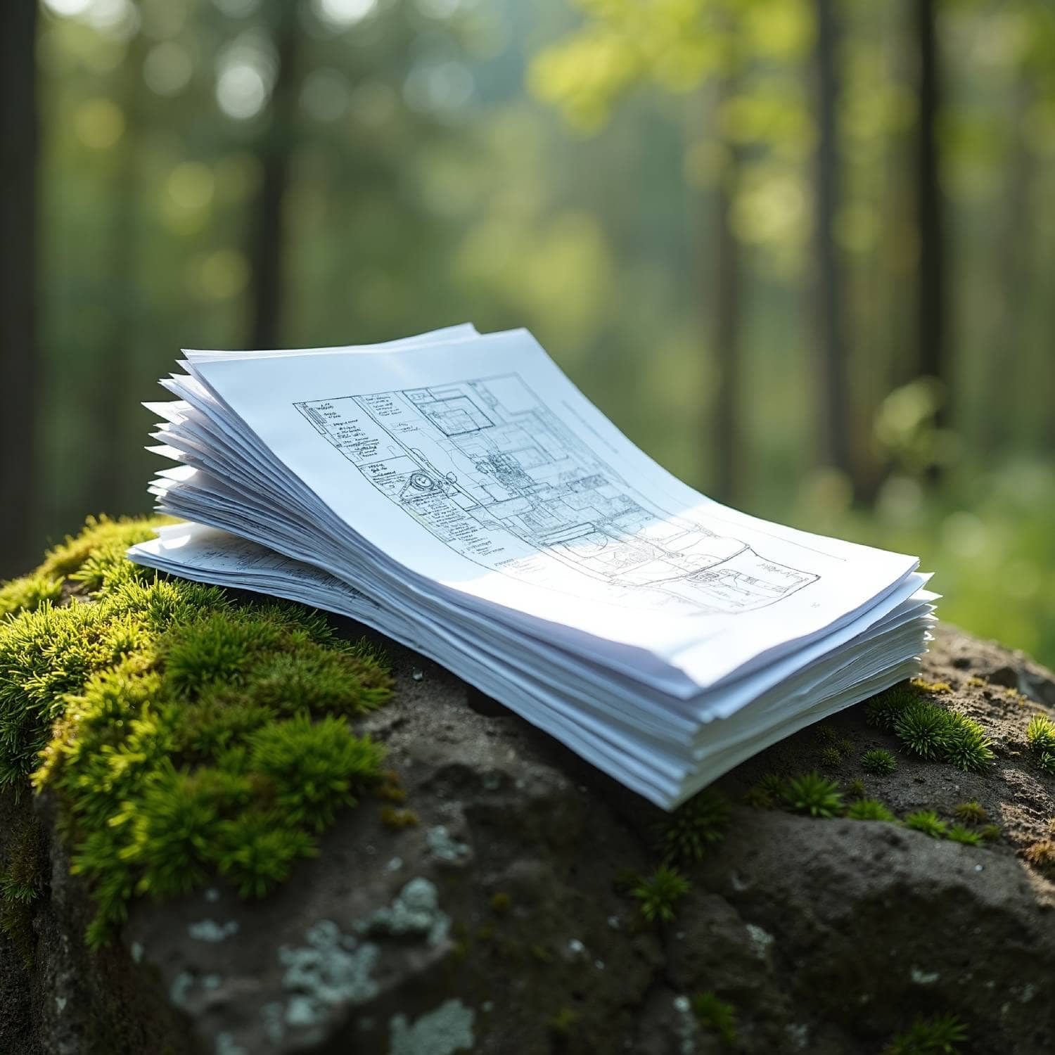 Une pile de documents techniques ou de plans de construction, avec des schémas visibles, est posée sur un rocher couvert de mousse verte dans un environnement forestier ensoleillé. L'image suggère l'évaluation de site et la documentation environnementale.