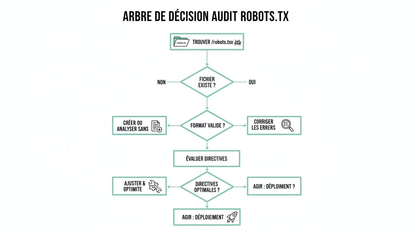 Arbre de décision pour l'audit d'un fichier robots.txt, incluant vérification, format, directives et optimisation.