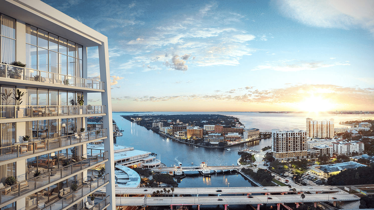 Exterior rendering of Pendry Residences Tampa luxury high-rise tower overlooking the Tampa waterfront at sunset