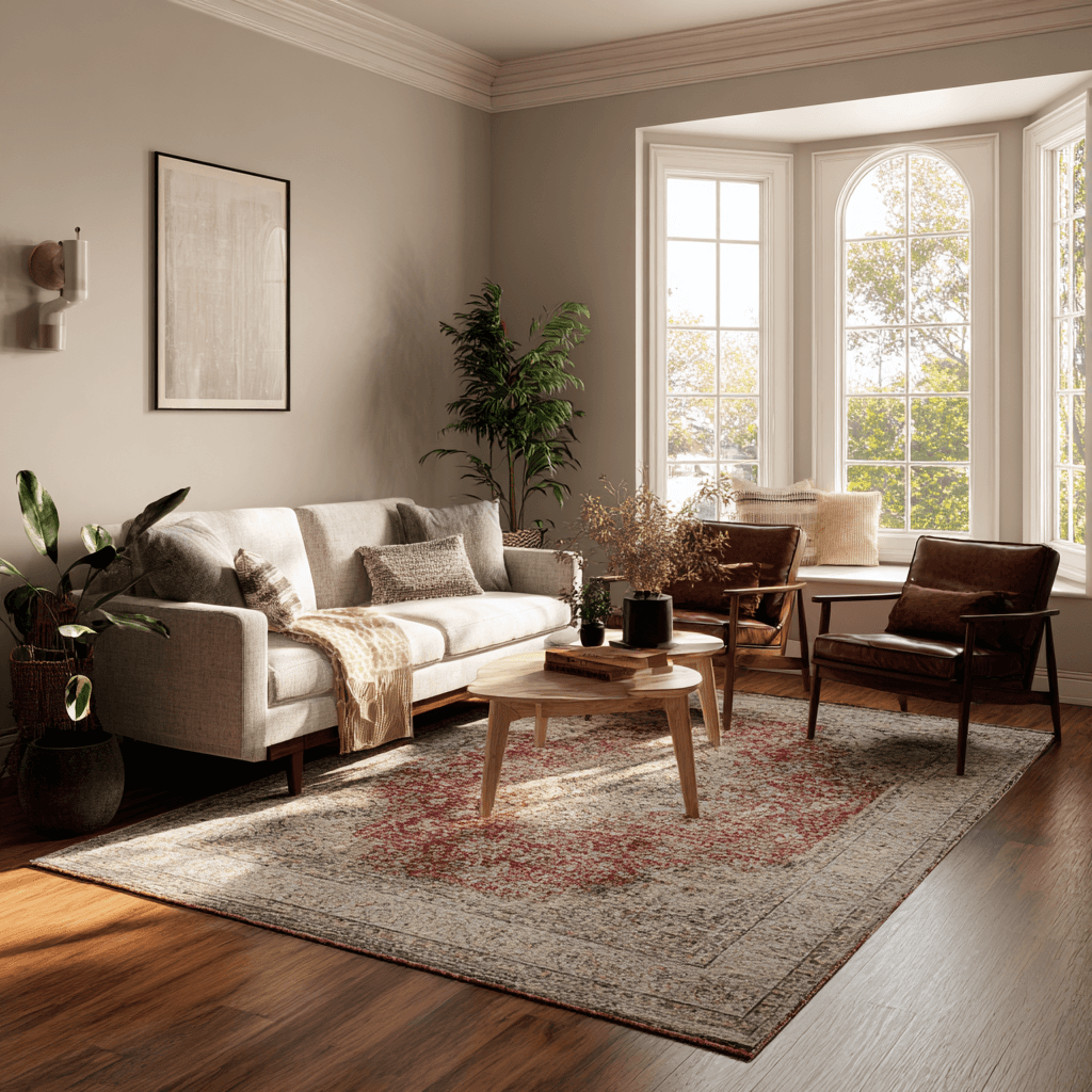 A cozy living room featuring a rug, sofa, and chairs arranged for comfort and relaxation.