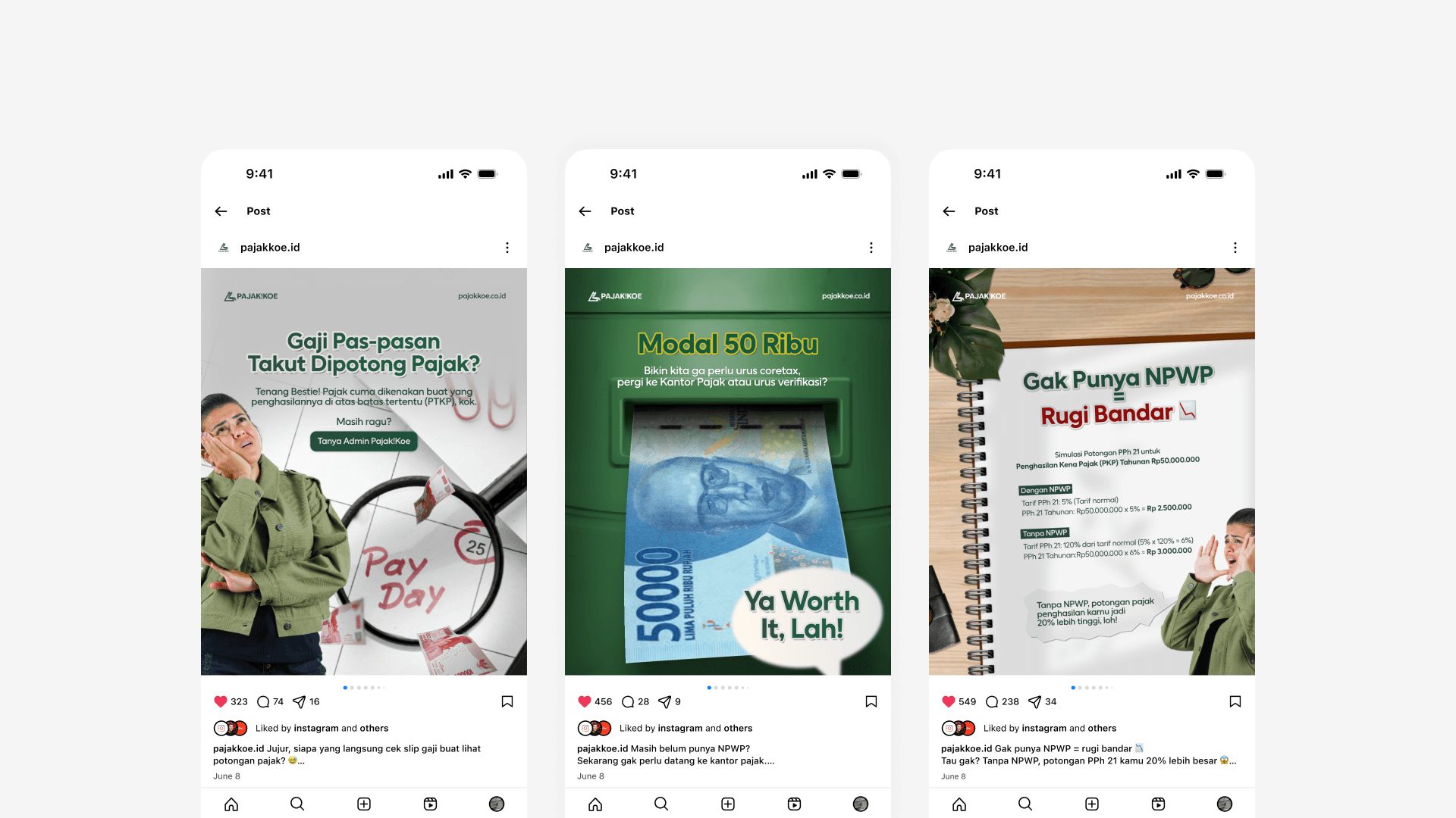 Three Instagram posts showing financial advice. First: person worried on pay day. Second: cash emerging, text "50 Ribu." Third: notebook, no tax ID warning.