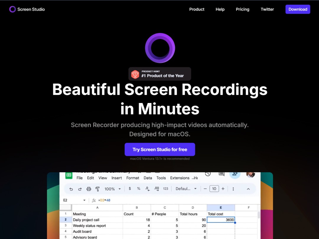 Screen studio website hero section showing a demo video of the product