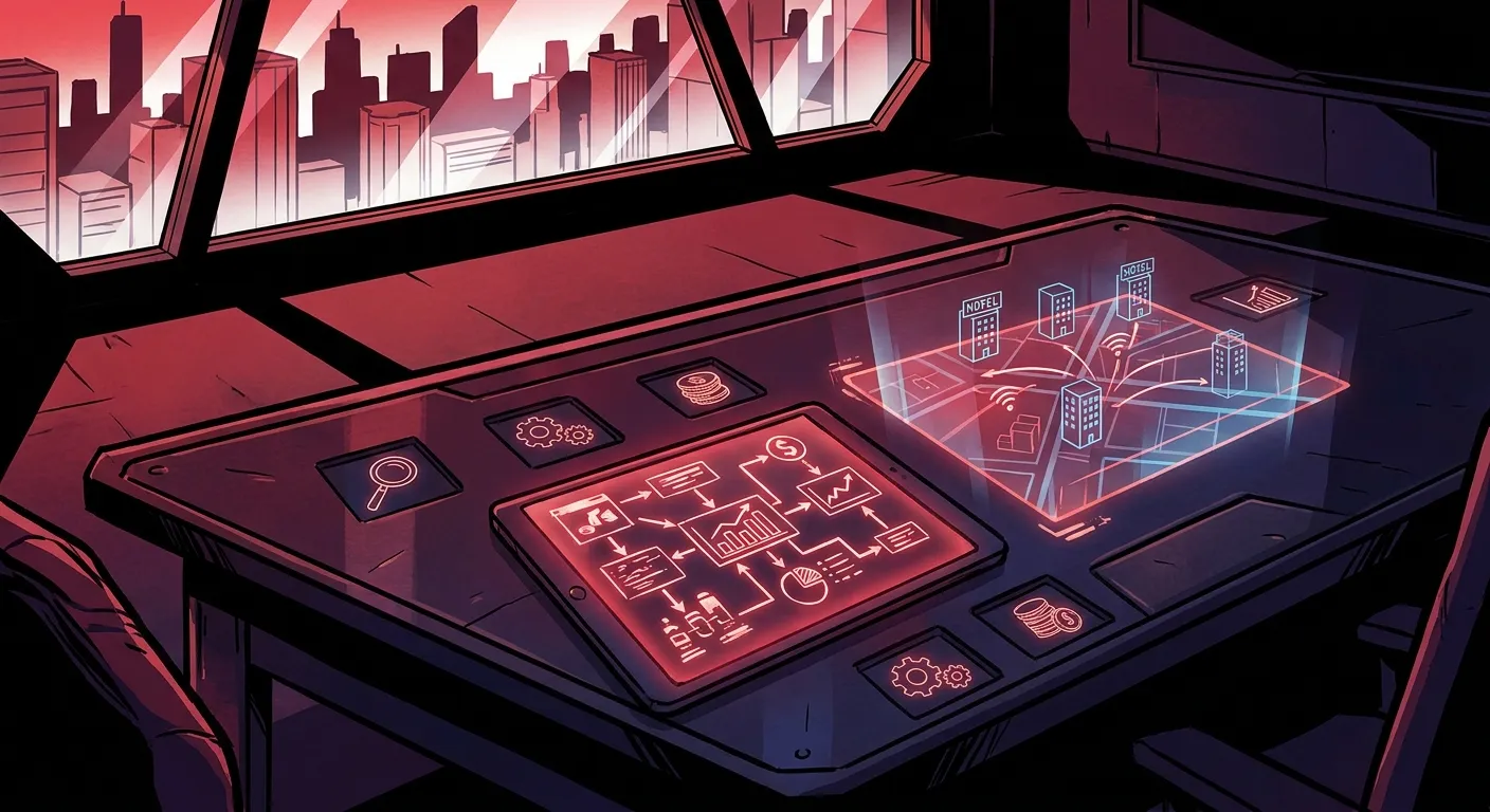 Futuristic desk with digital marketing screens at RockN' Socials agency.