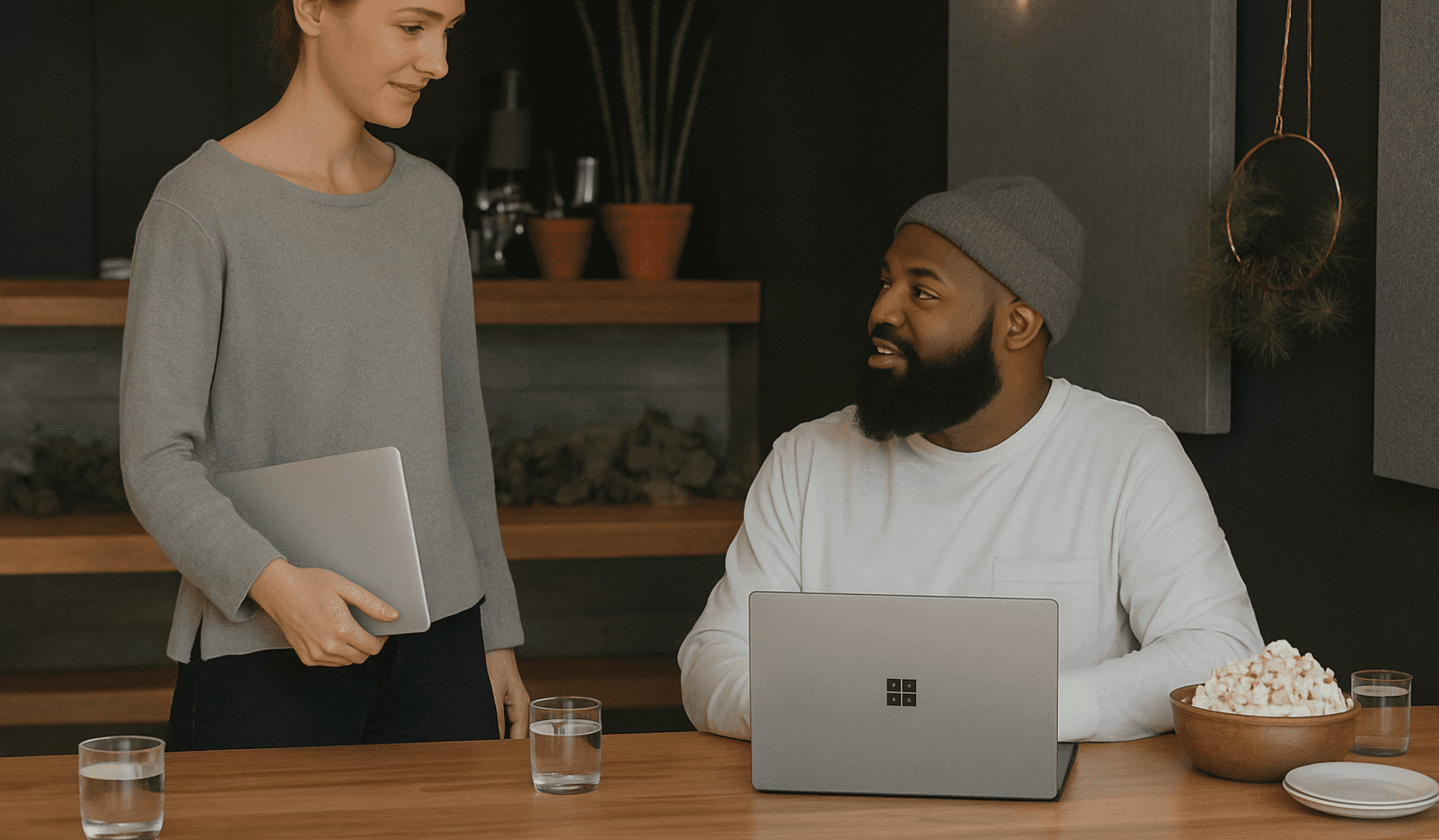 Two people talking, one with a laptop, the other with a laptop and wearing a beanie, popcorn on the table.