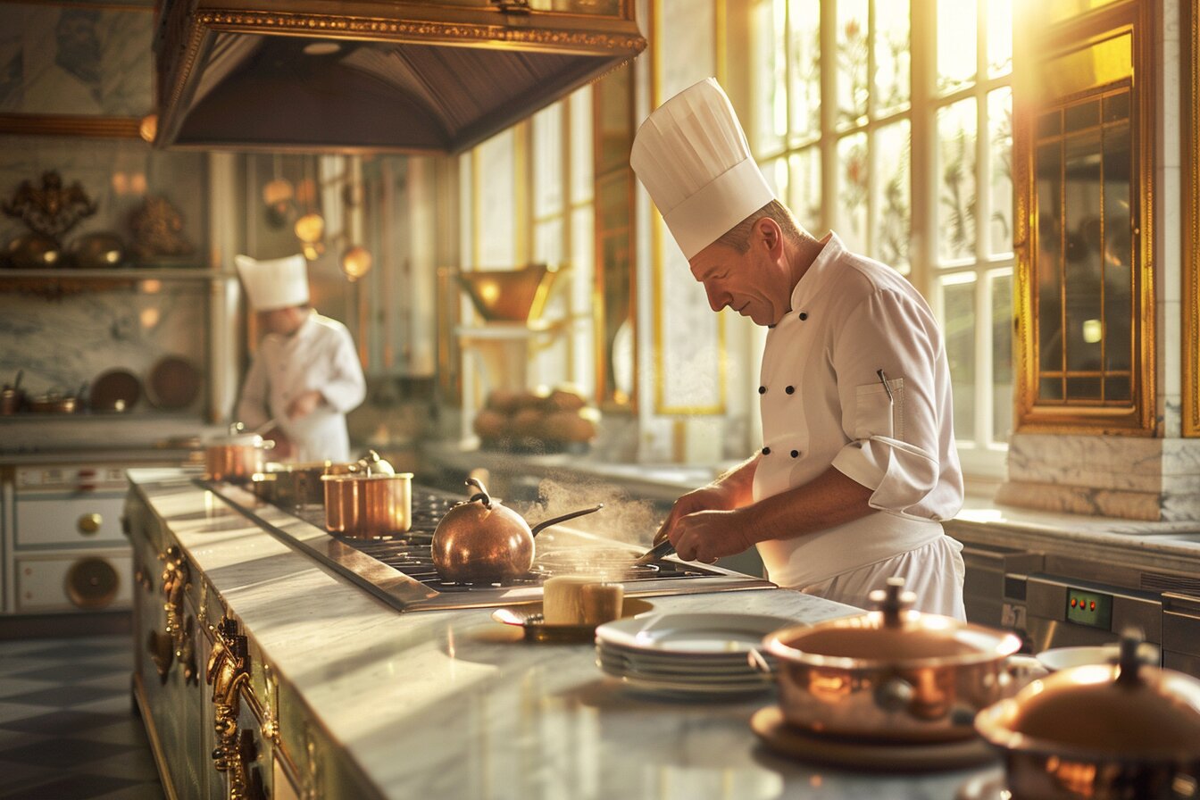 Elegant Paris kitchen scene symbolizing Chef Iliana’s Le Cordon Bleu training with copper pans and refined French technique.