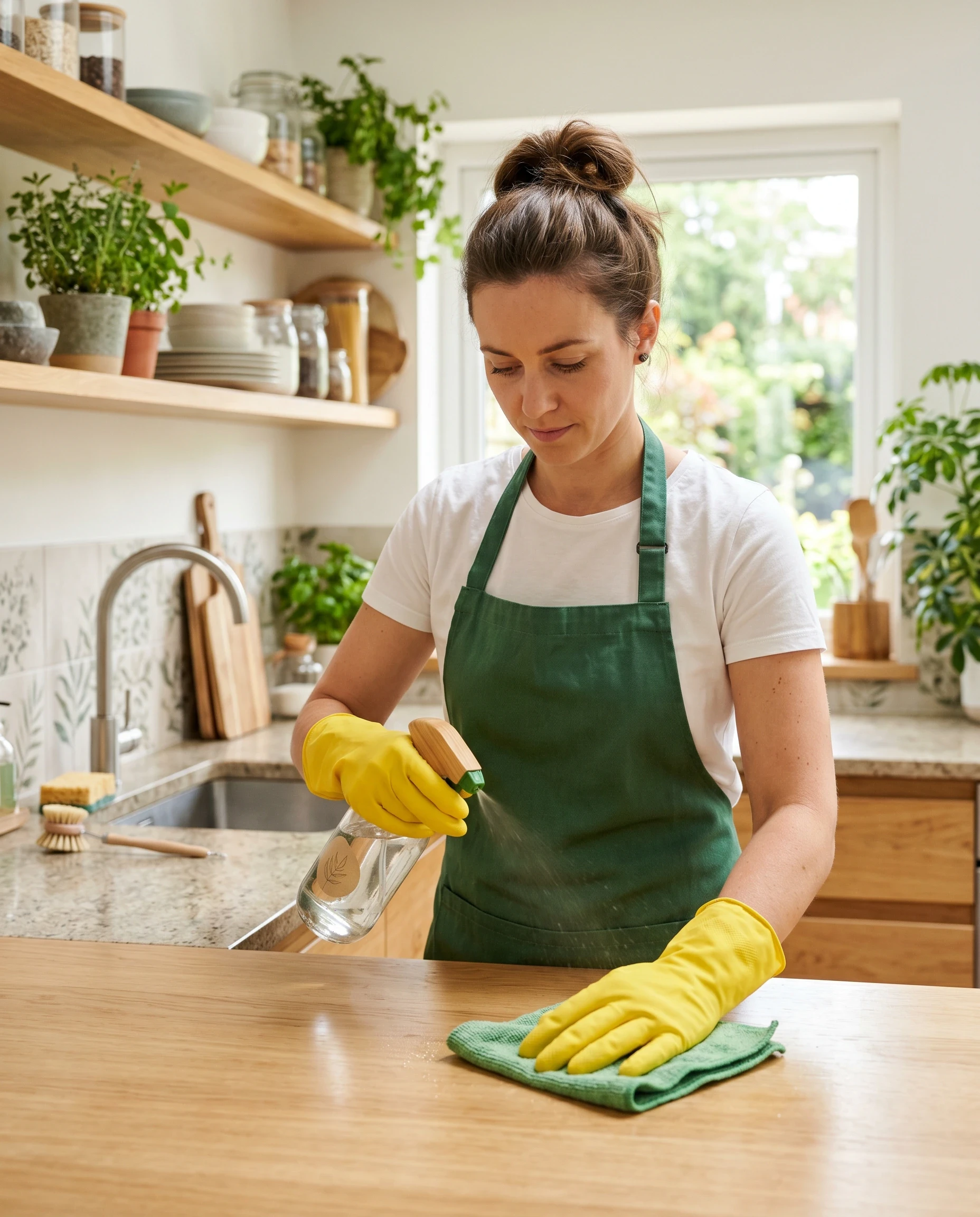 Woman in green apron cleaning a wooden kitchen counter with a spray bottle.
