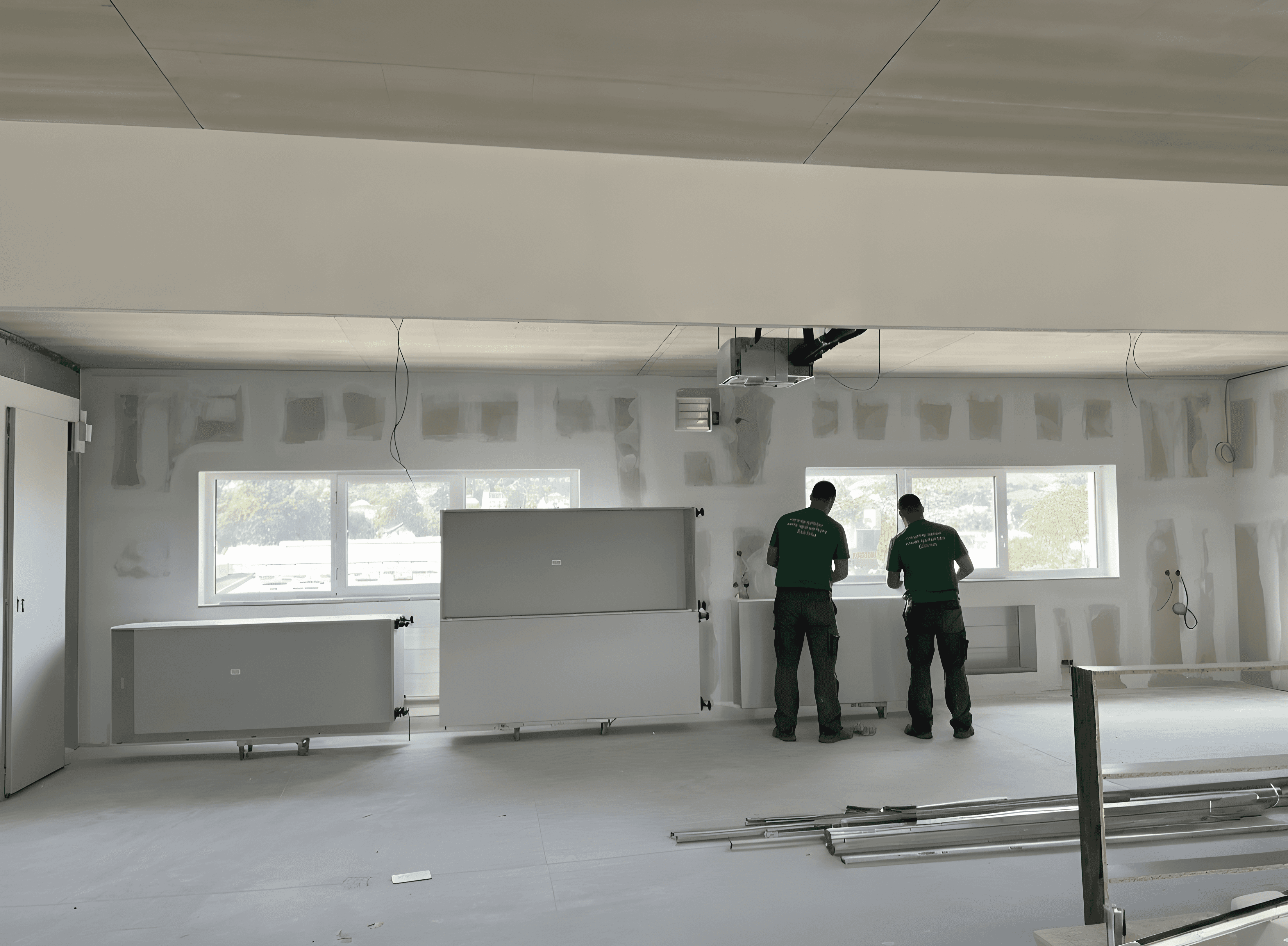 Zwei Bauarbeiter von TUFE Bau beim Trockenbau in einem modernen Innenraum in Wien