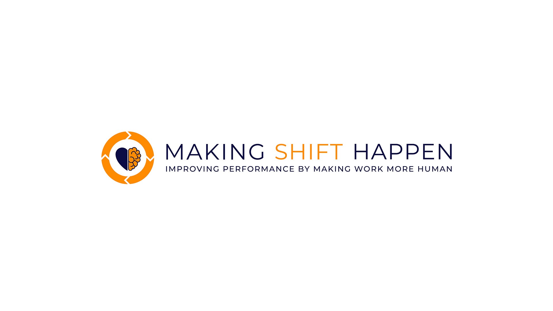 Making Shift Happen logo horizontal banner format in dark blue and orange