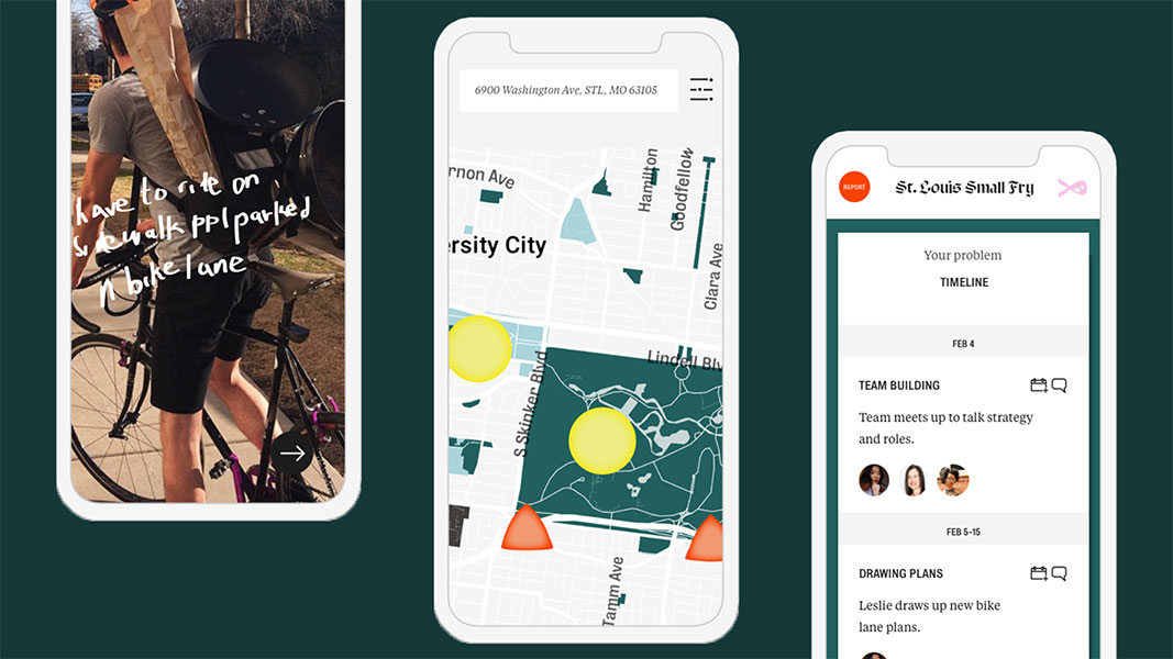 The image shows a collage of three smartphone screens displaying different aspects of a St. Louis Small Try app. The leftmost screen features a photo of a person riding a bicycle with a text overlay: “Love to ride a bike lane.” The center screen shows a map of St. Louis with highlighted circular markers. The rightmost screen displays a chat interface with the prompt “Your problem,” a timeline labeled “FEB 4,” and “TEAM BUILDING” with messages such as “Teams up to talk strategy and roles.” Below that, “FEB 5-15” shows “DRAWING PLANS” with text: “Leslie draws up new bike lane plans.”