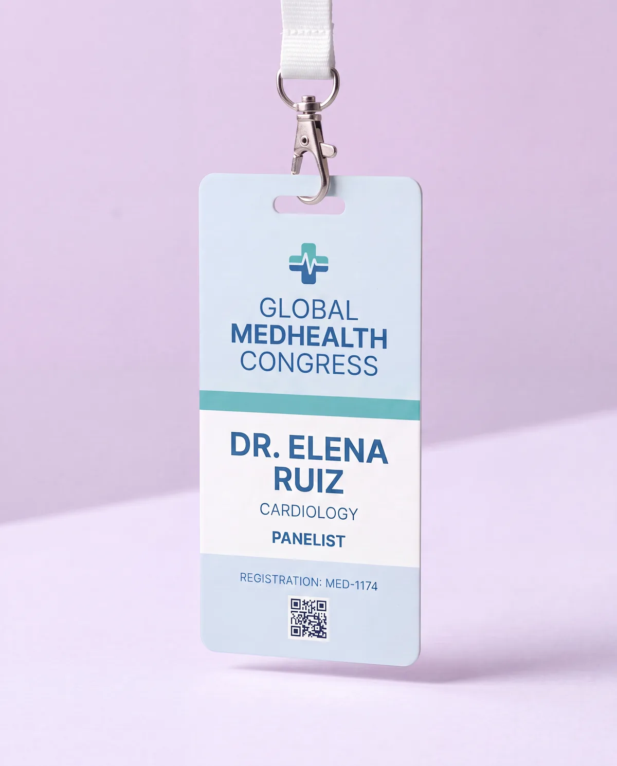 Medical congress badge with name, specialty and QR code