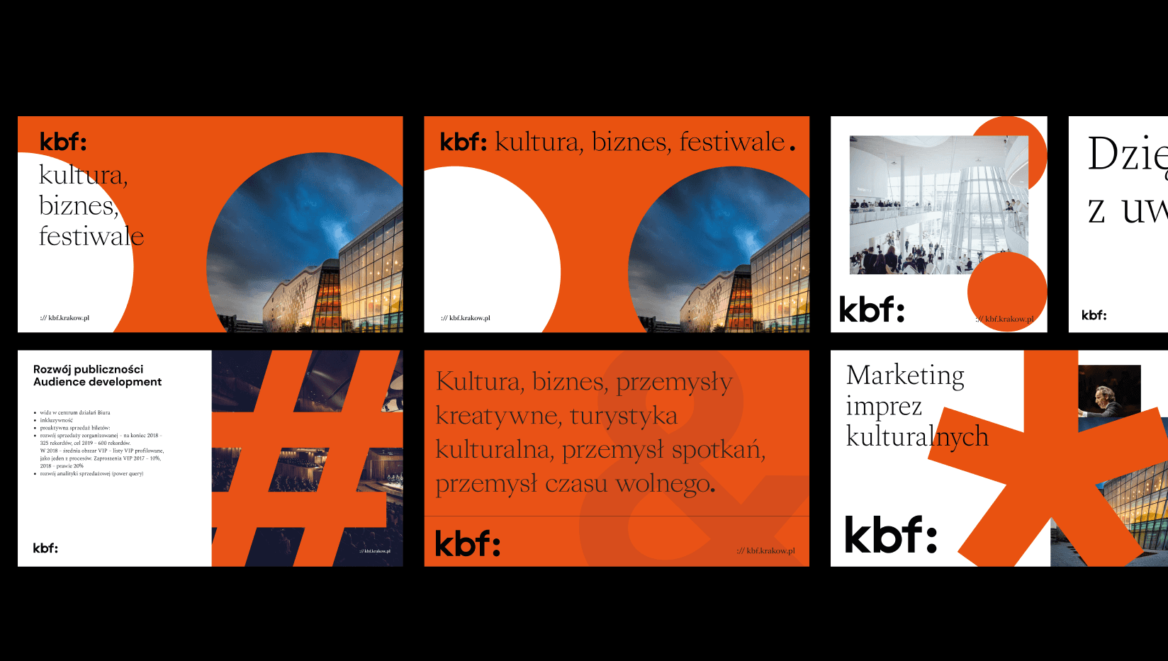 Zestaw pomarańczowych, białych i czarnych postów KBF z typografią, symbolami oraz zdjęciami ludzi i wydarzeń.