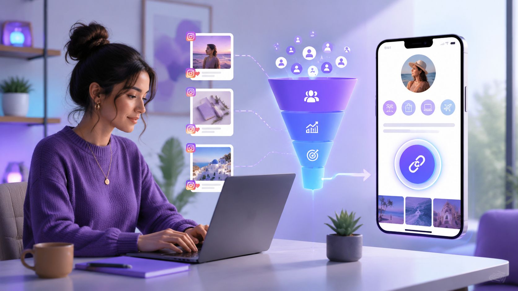 A woman working on a laptop with a visual marketing funnel directing Instagram followers to a profile link.