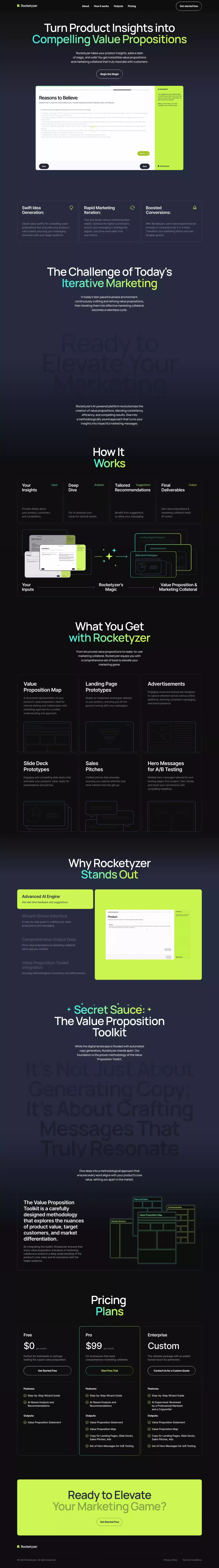 Rocketyzer - Turn Product Insights into landing page screenshot showcasing Tech and Marketing design