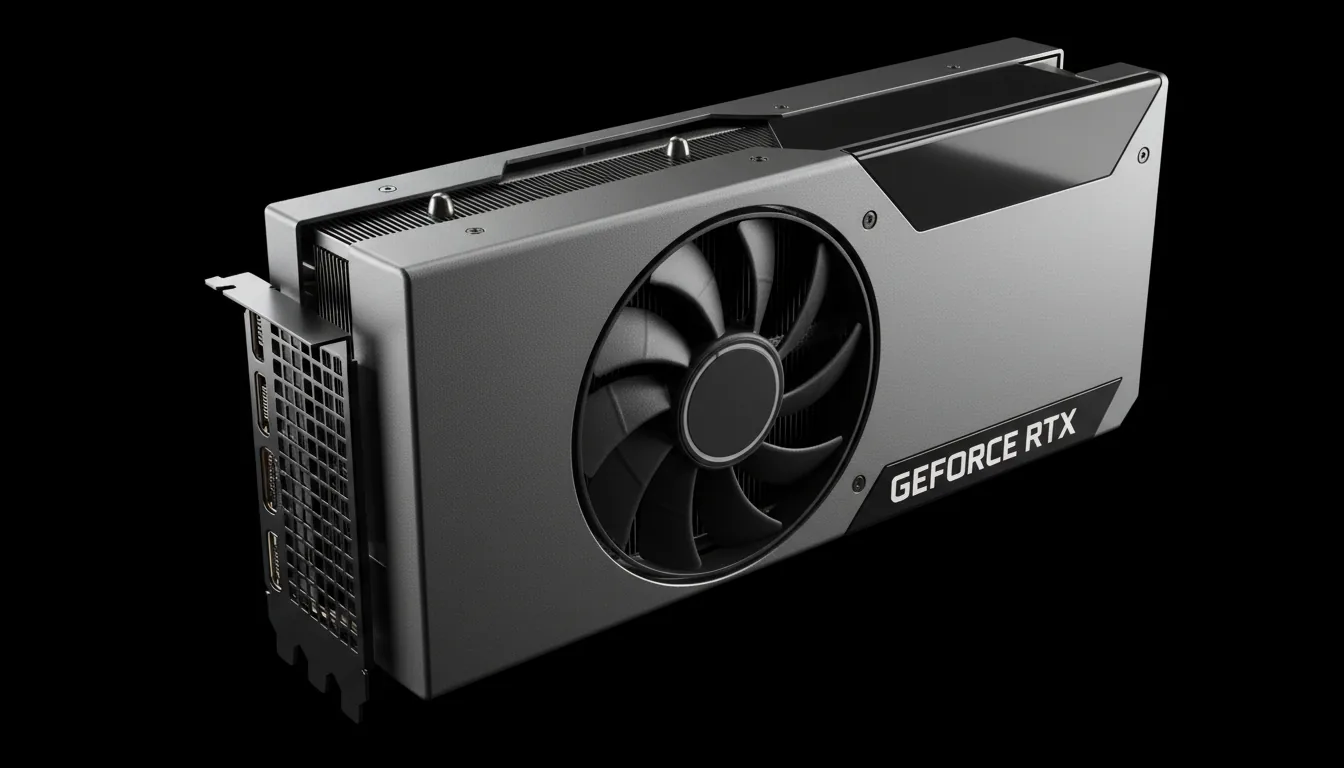 DSLR product photography of an Nvidia GeForce RTX 4090 graphics card from an angled, three-quarters perspective, isolated against a pure black background. The shot features soft studio lighting creating cinematic contrast with defined specular highlights on the edges. The gunmetal grey chassis has a textured, matte finish, contrasted by smooth black panels and visible vertical heat sink fins. A large black cooling fan is prominent on top. The entire object is in sharp focus, showcasing intricate details and material textures.