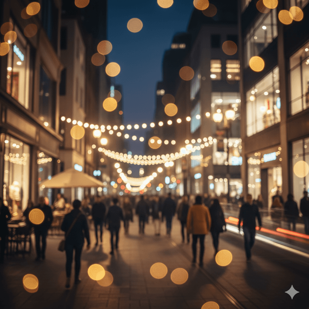 Blurred golden city lights of a vibrant high-street retail hub in Sector 114 Gurugram