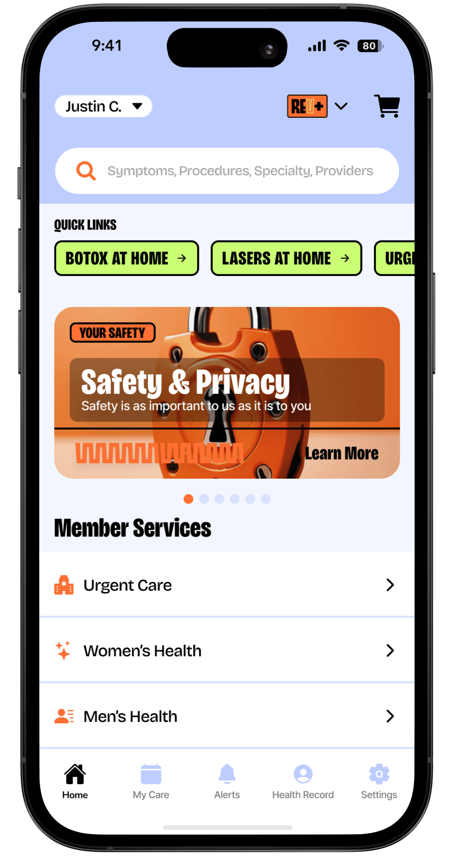 RevDoc home tab user interface in an iPhone device