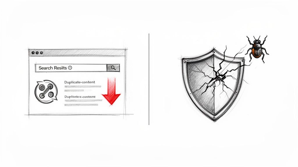 Sketch showing search results with duplicate content and a cracked shield with a bug, representing SEO and security issues.