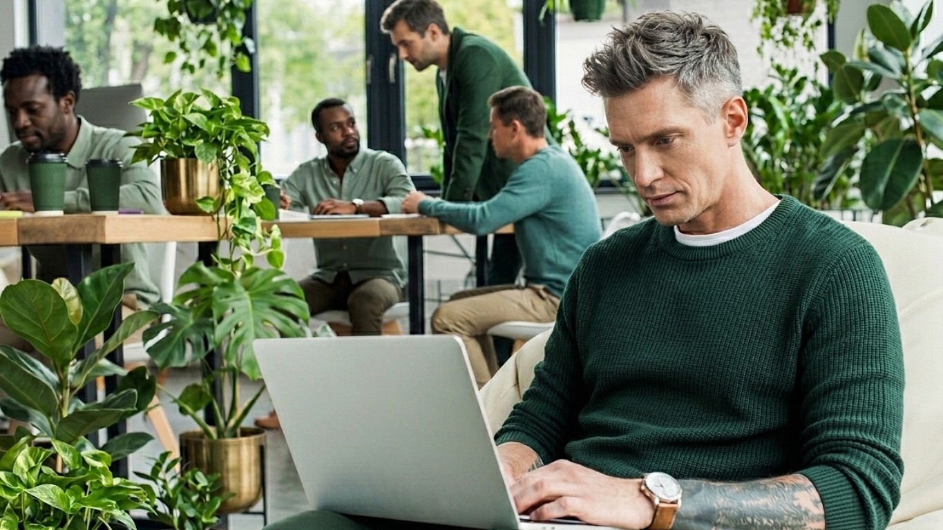 A man in his late 30s with textured graying hair sits in a beanbag chair, working on a laptop within a bright, plant-filled modern office. He wears a dark green sweater and light green pants, surrounded by colleagues in green tones collaborating in the background.