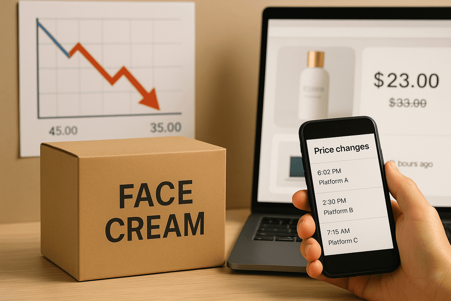 Close-up digital collage showing price drops and review warning signals