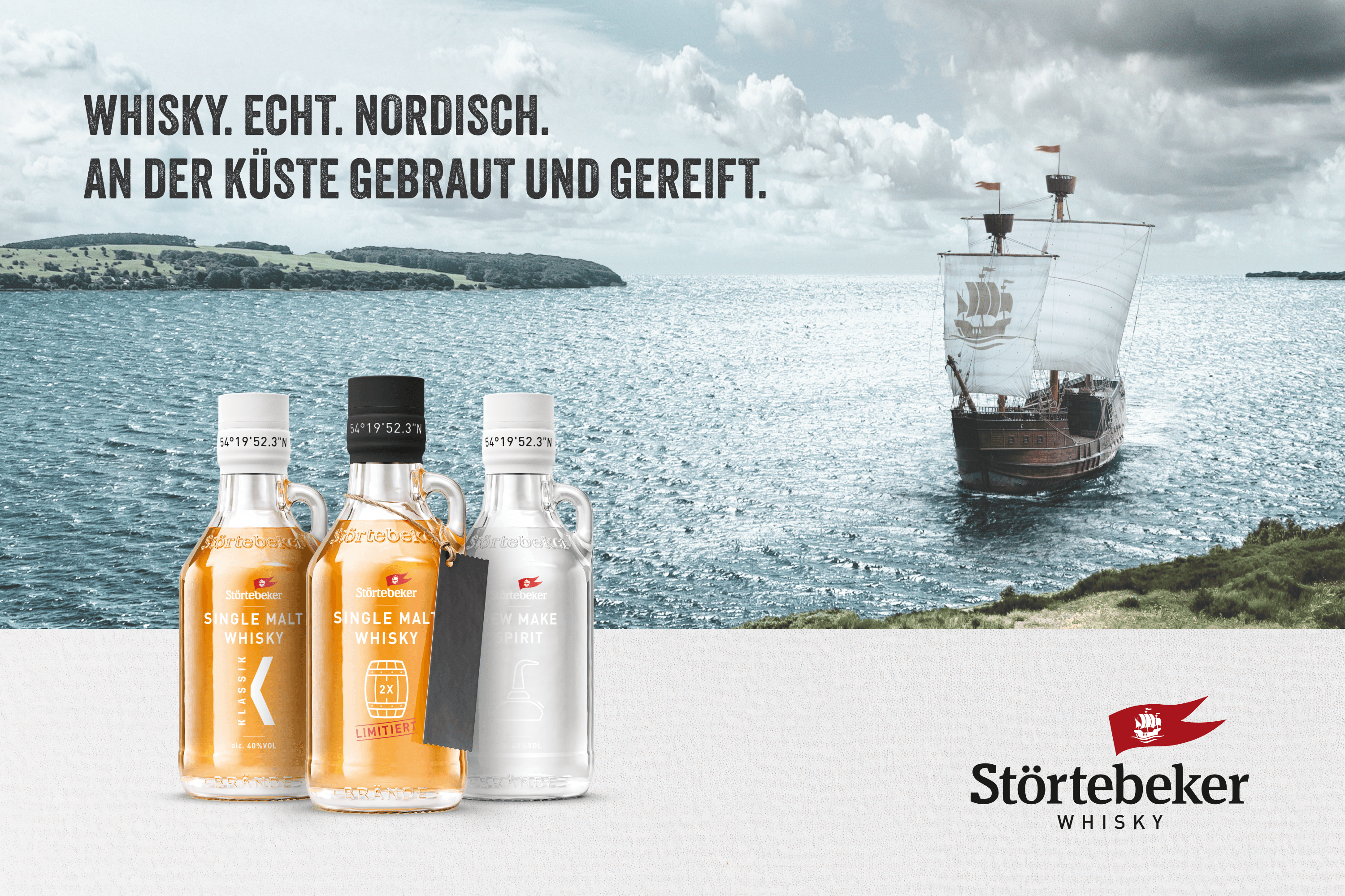 Störtebeker whisky bottles, ship, and coast.