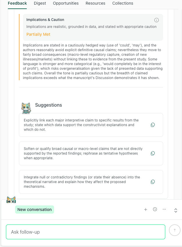 thesify feedback on implications checking for evidence grounding and overclaiming