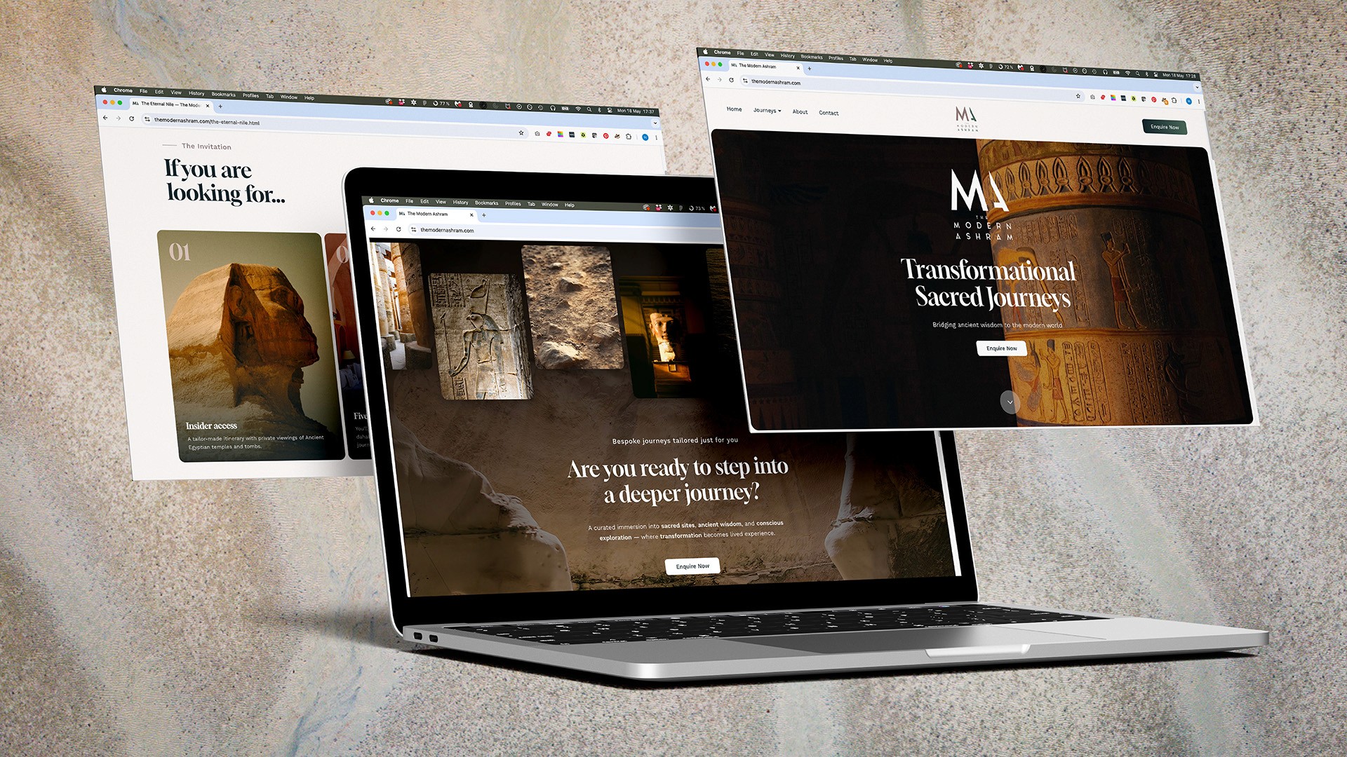 The Modern Ashram luxury travel website on desktop by Huw Mathias web designer.